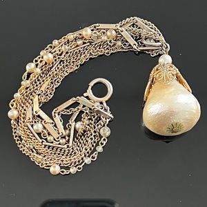 Vintage Bracelet Tassel Dangle Faux Pearls Chain Bead unsigned 50's